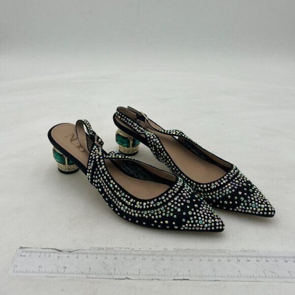 Women Pointed Toe Slingback Wedding Pumps Chunky Low Heel Rhinestone Sandals Cry - Picture 4 of 8